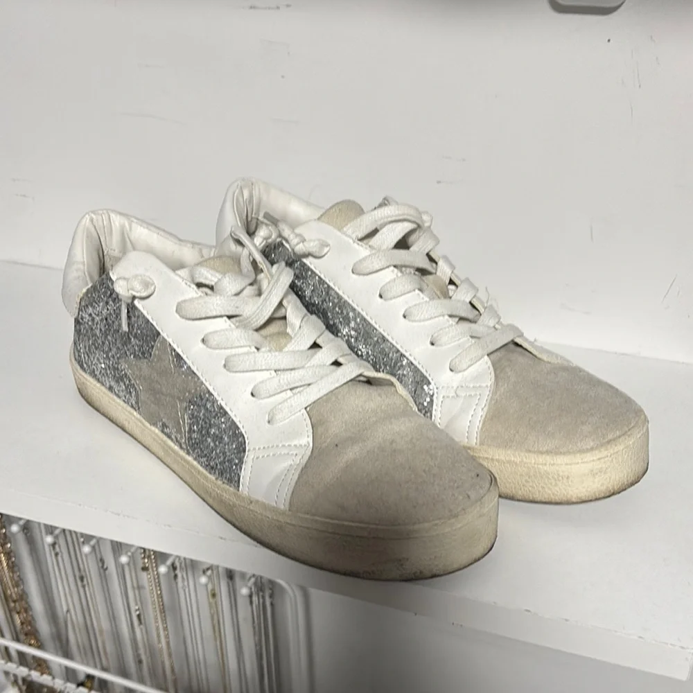 Madden Girl White and Gray Glitter Sneakers